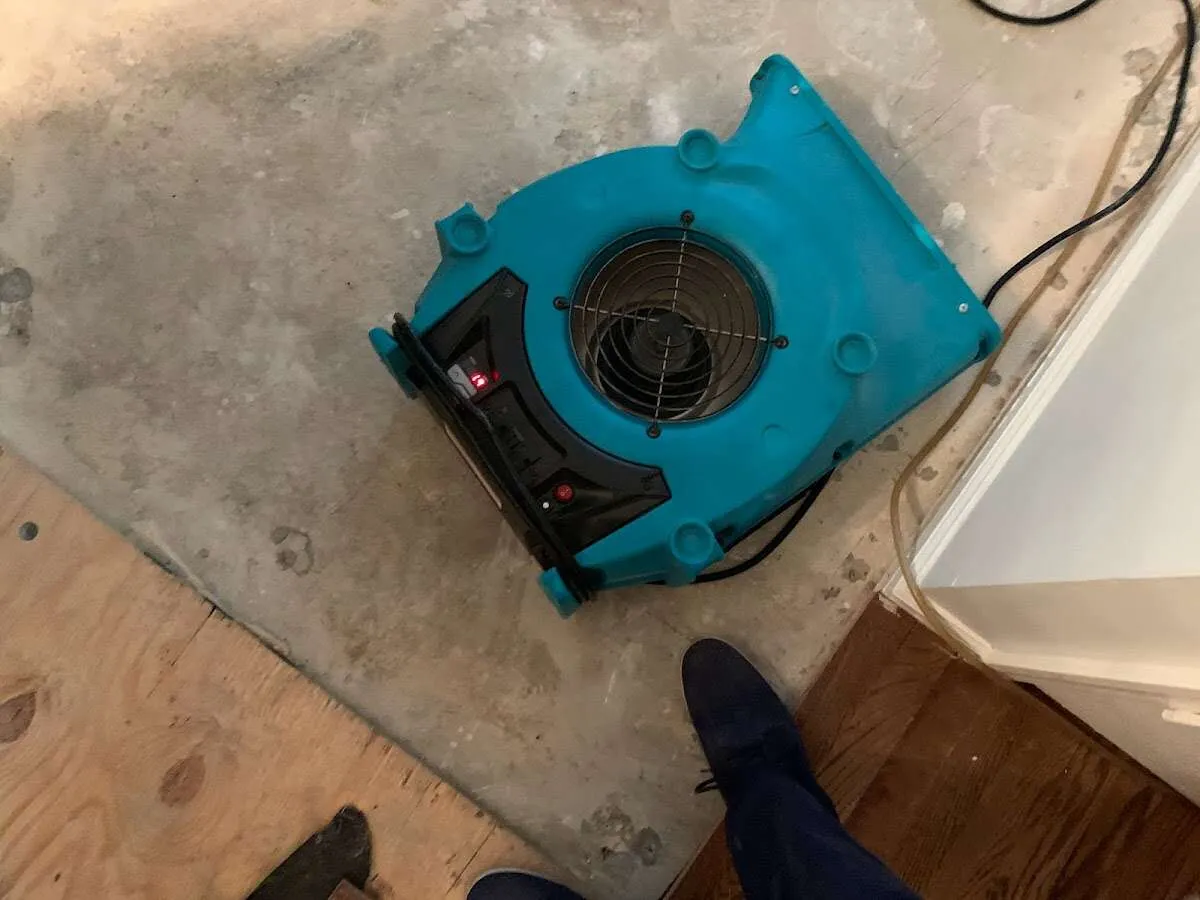 Air mover drying subfloor during Leak Detection & Repair in Vienna